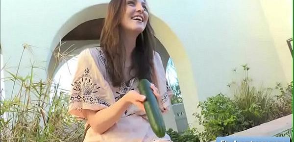  Sensual hot teen brunette amateur Brooke fucks her juicy bald pussy outside with a large cucumber
